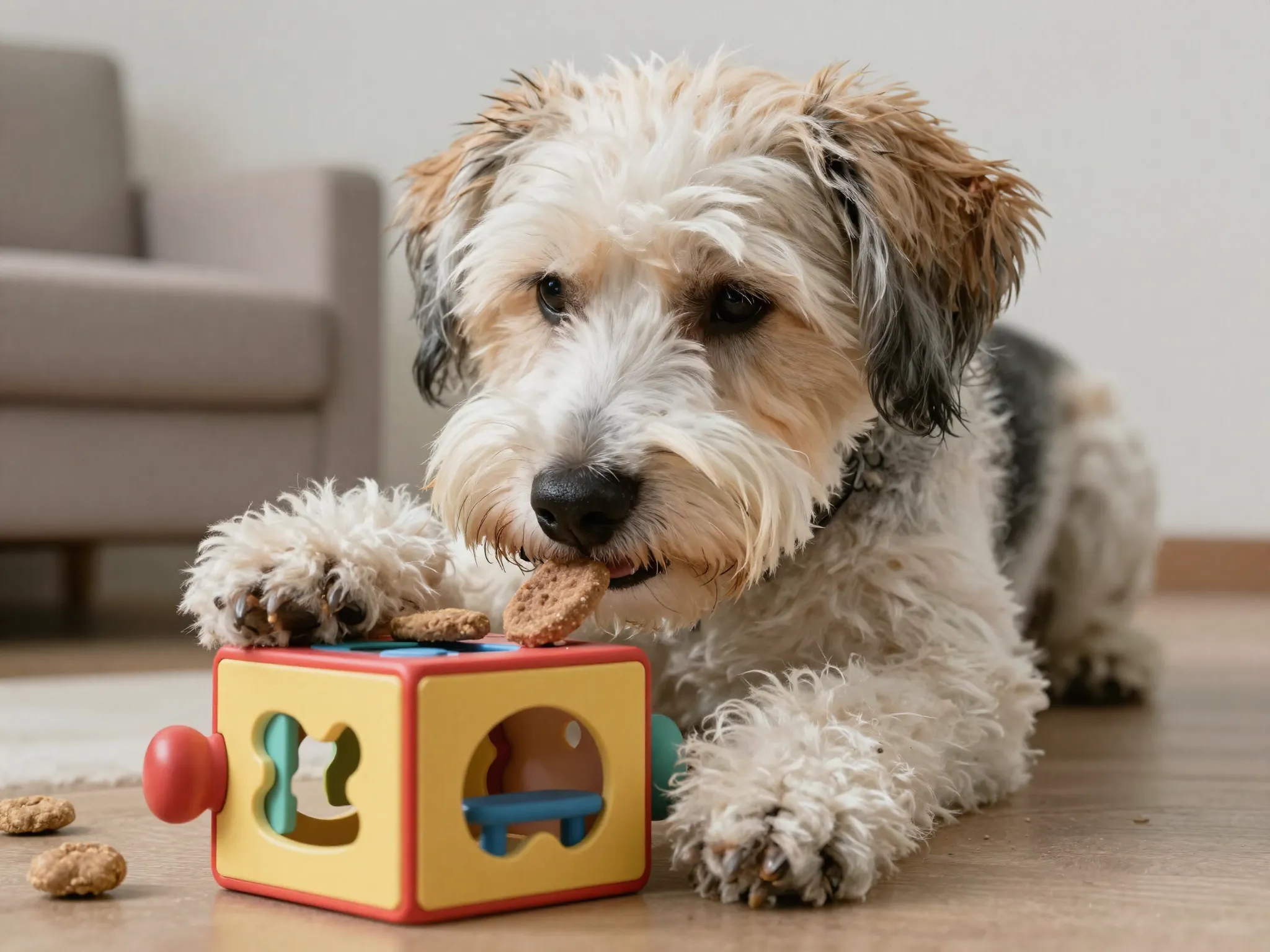 Intelligent gerberian shepsky solving puzzle toy with treats
