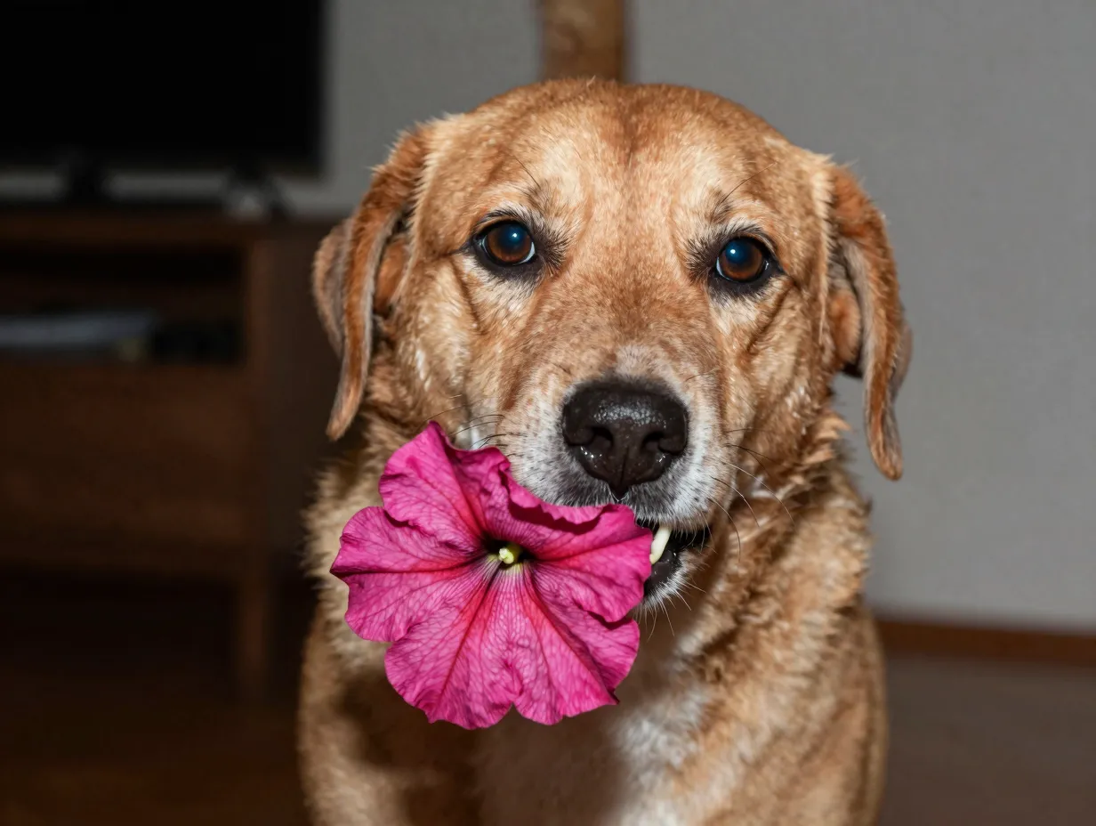 Dog eating a flower while making eye contact for owner attention