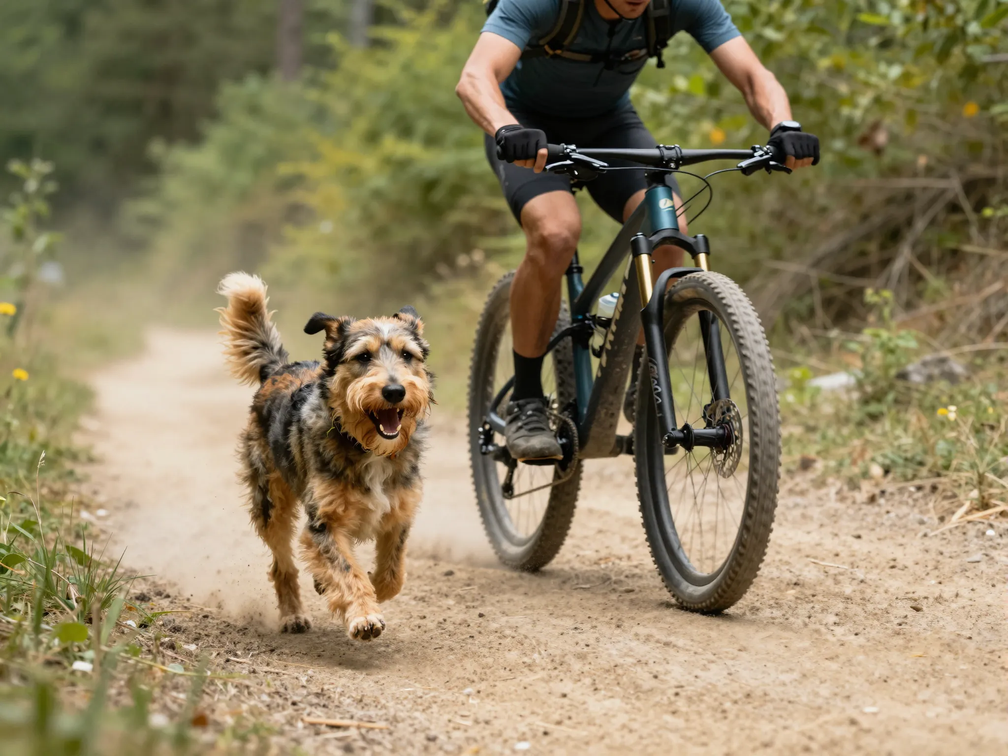 High energy gerberian shepsky running alongside mountain biker