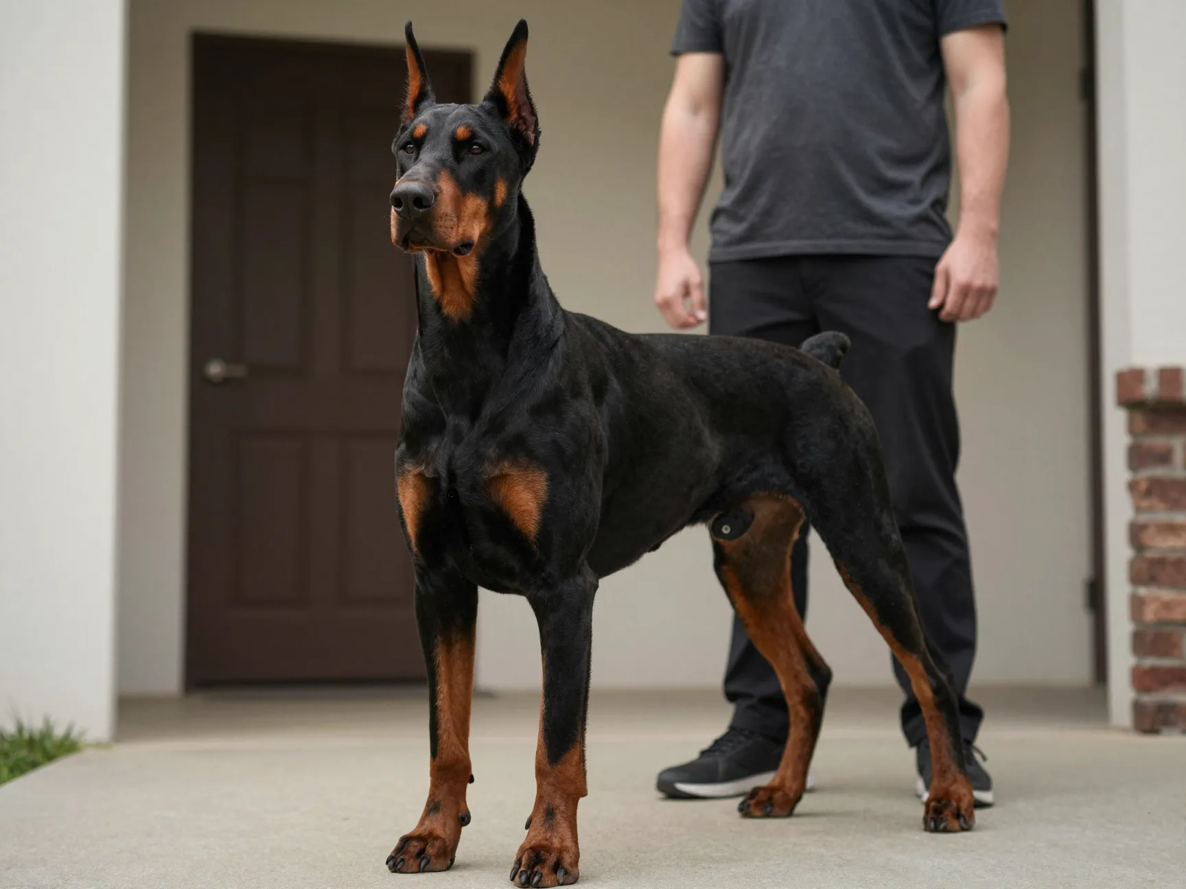 Powerful doberdor dog standing guard with owner nearby