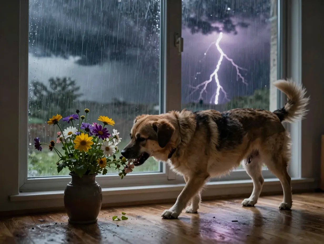 Anxious dog pacing and eating flowers during a thunderstorm