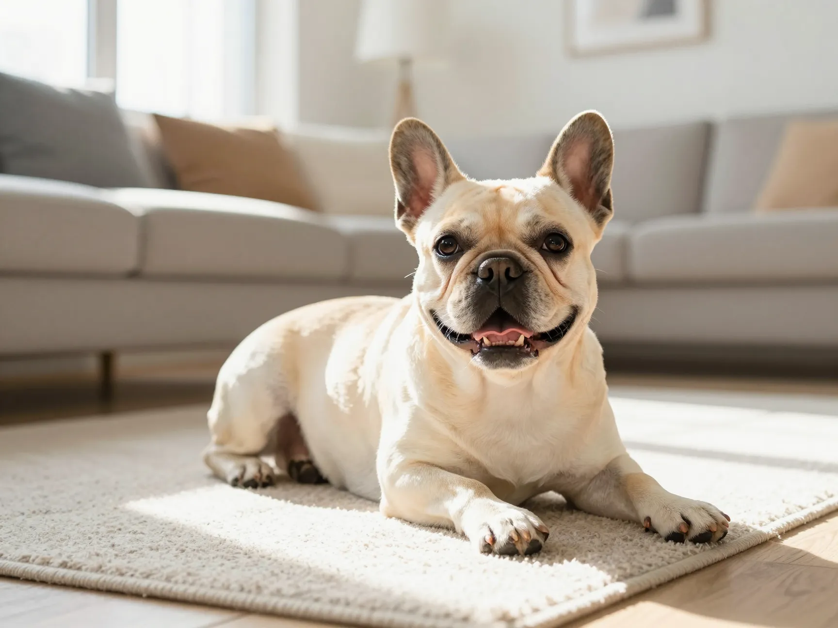 Friendly french labrador relaxed in sunny apartment setting