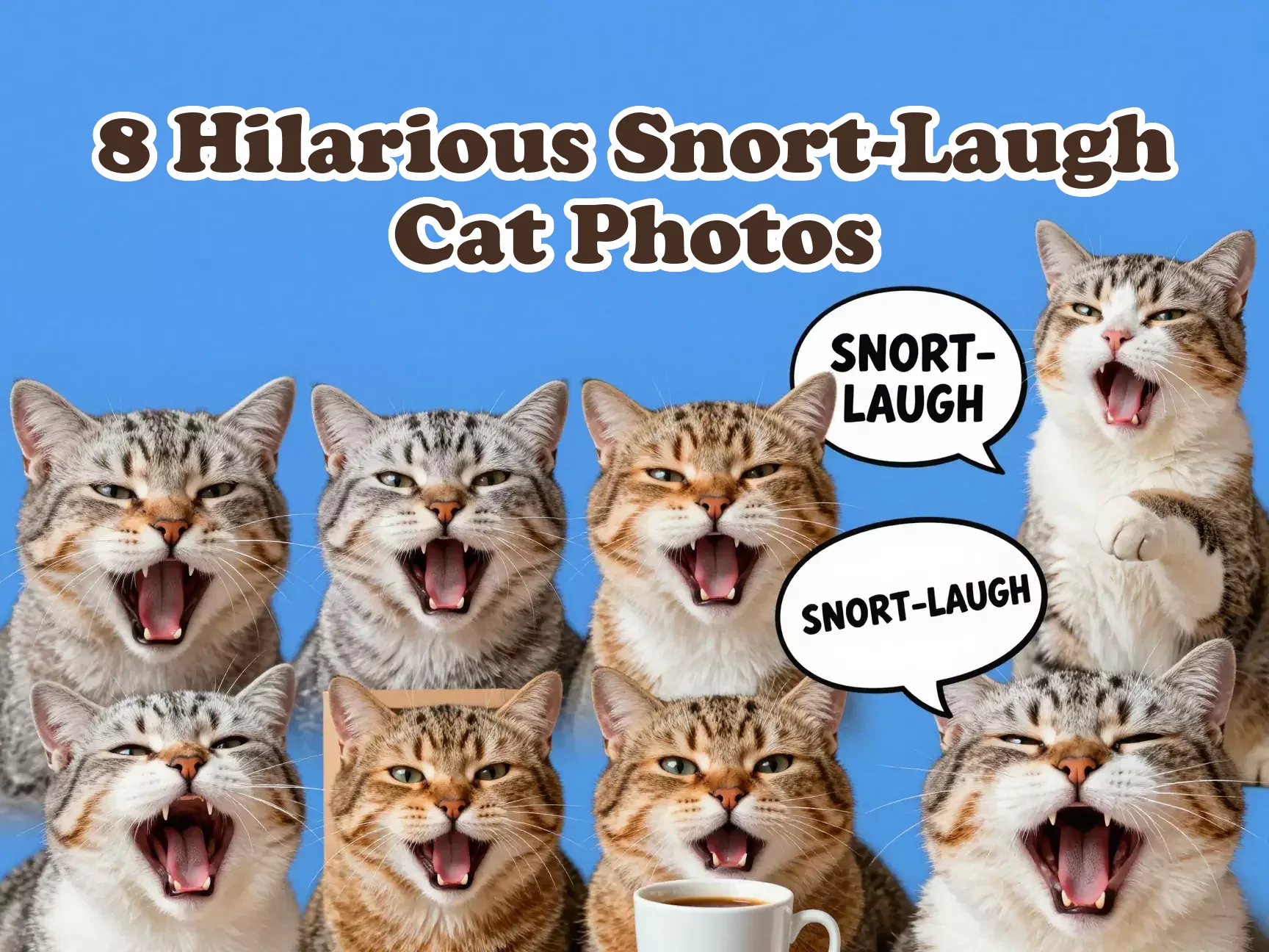 Eight expressive cats collage overhead social media feed main