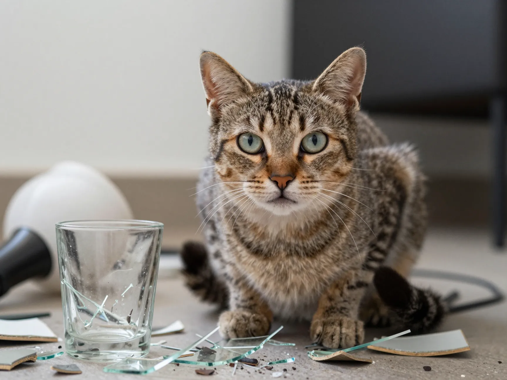 Cat looking innocent surrounded by broken lamp and glass shards