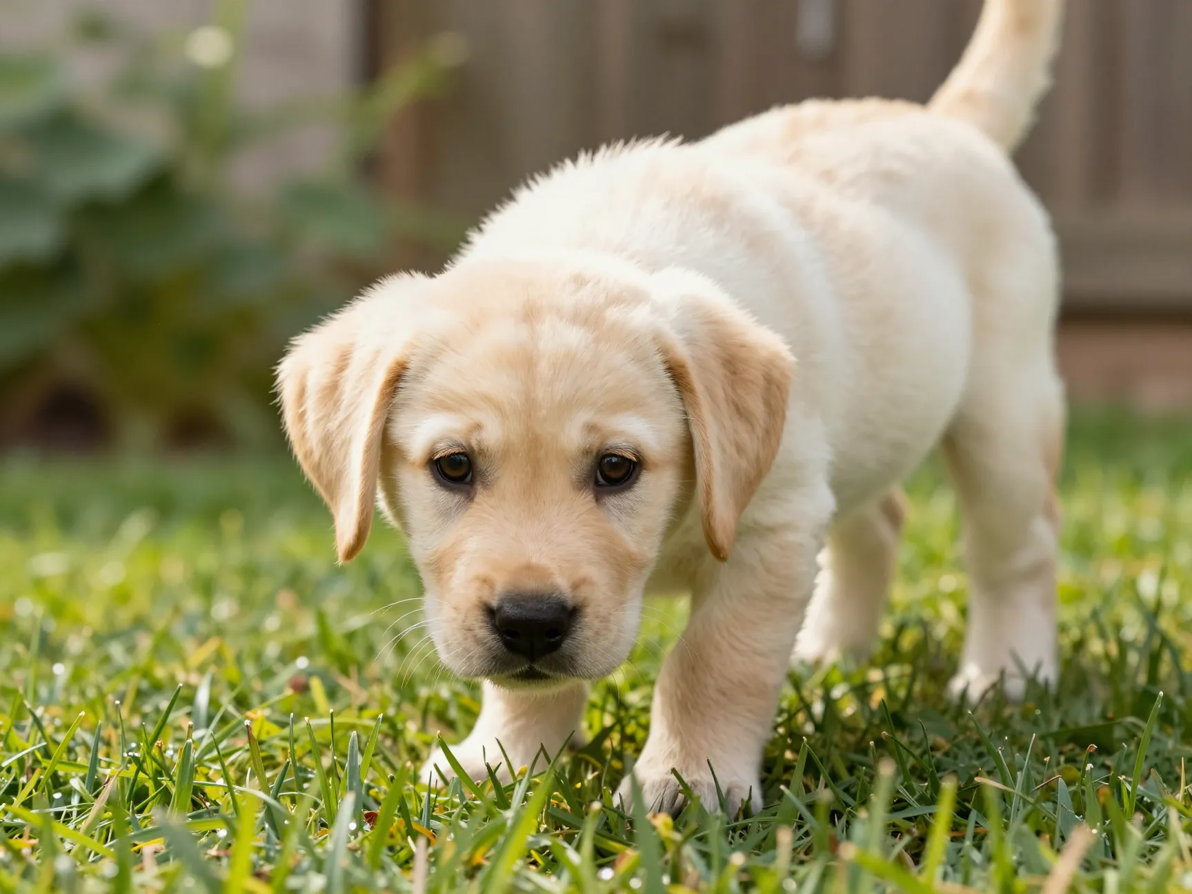 Golden yellow lab puppy exploring green backyard garden