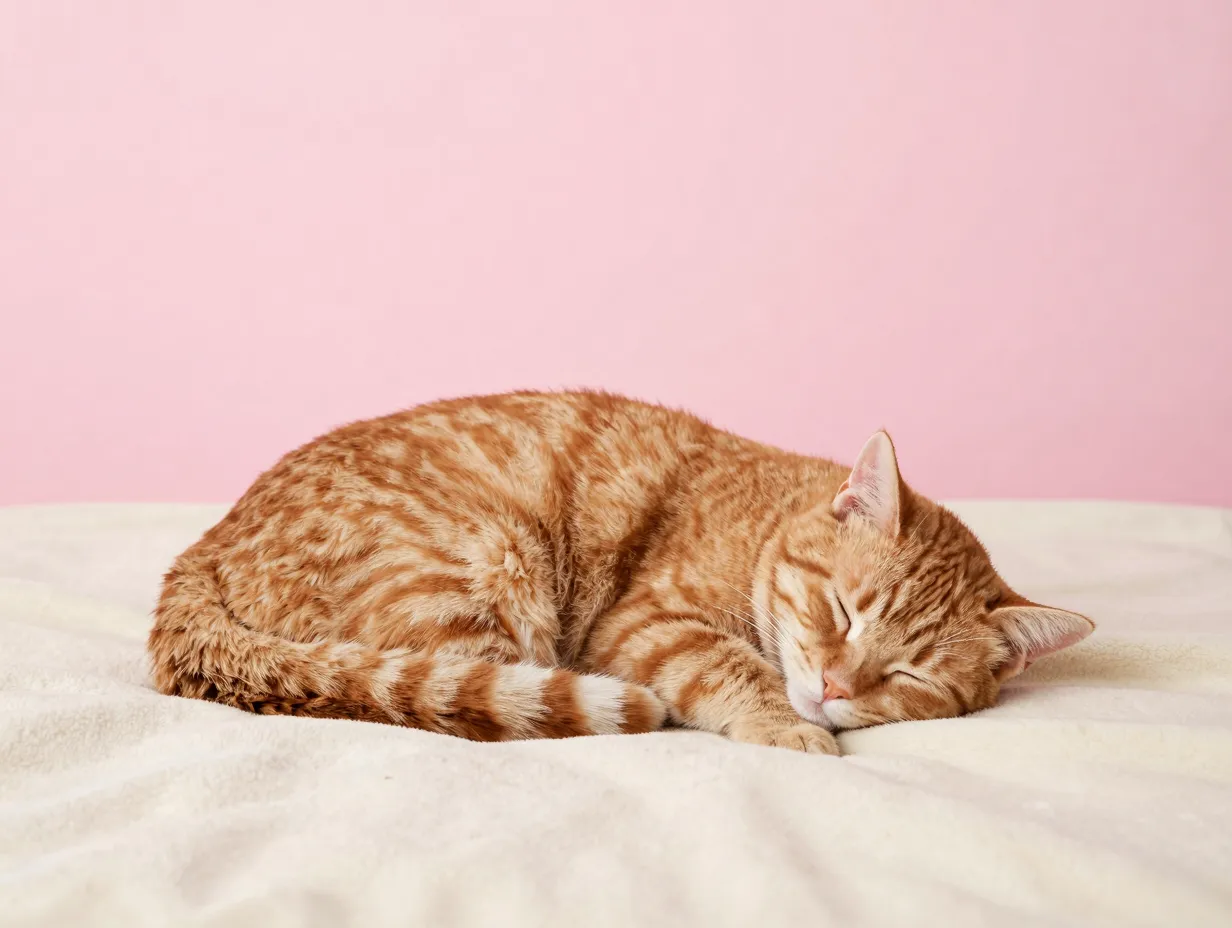 Sleepy orange tabby cat curled on cream blanket pastel pink background