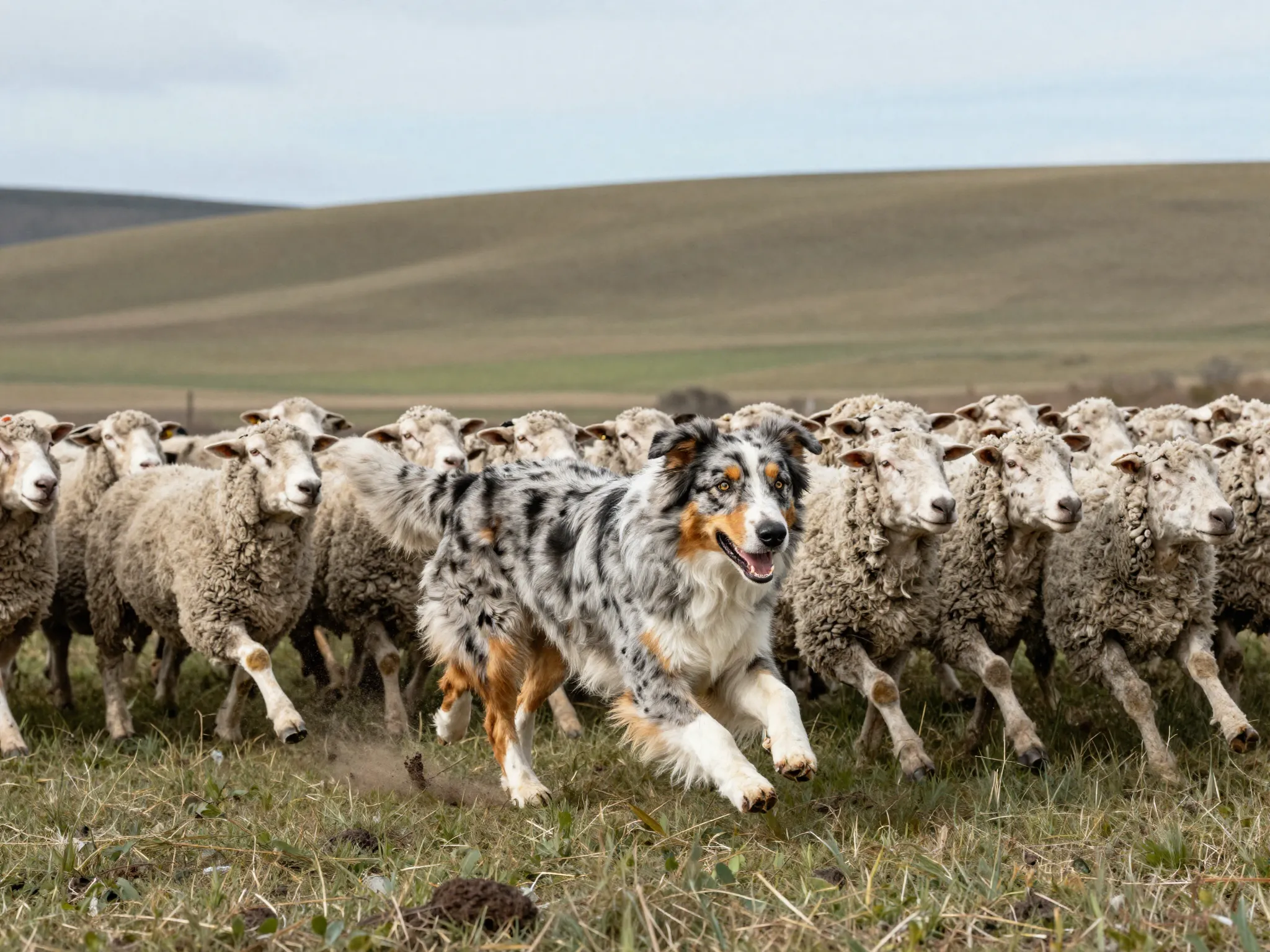Standard aussie large ranch dog working with sheep