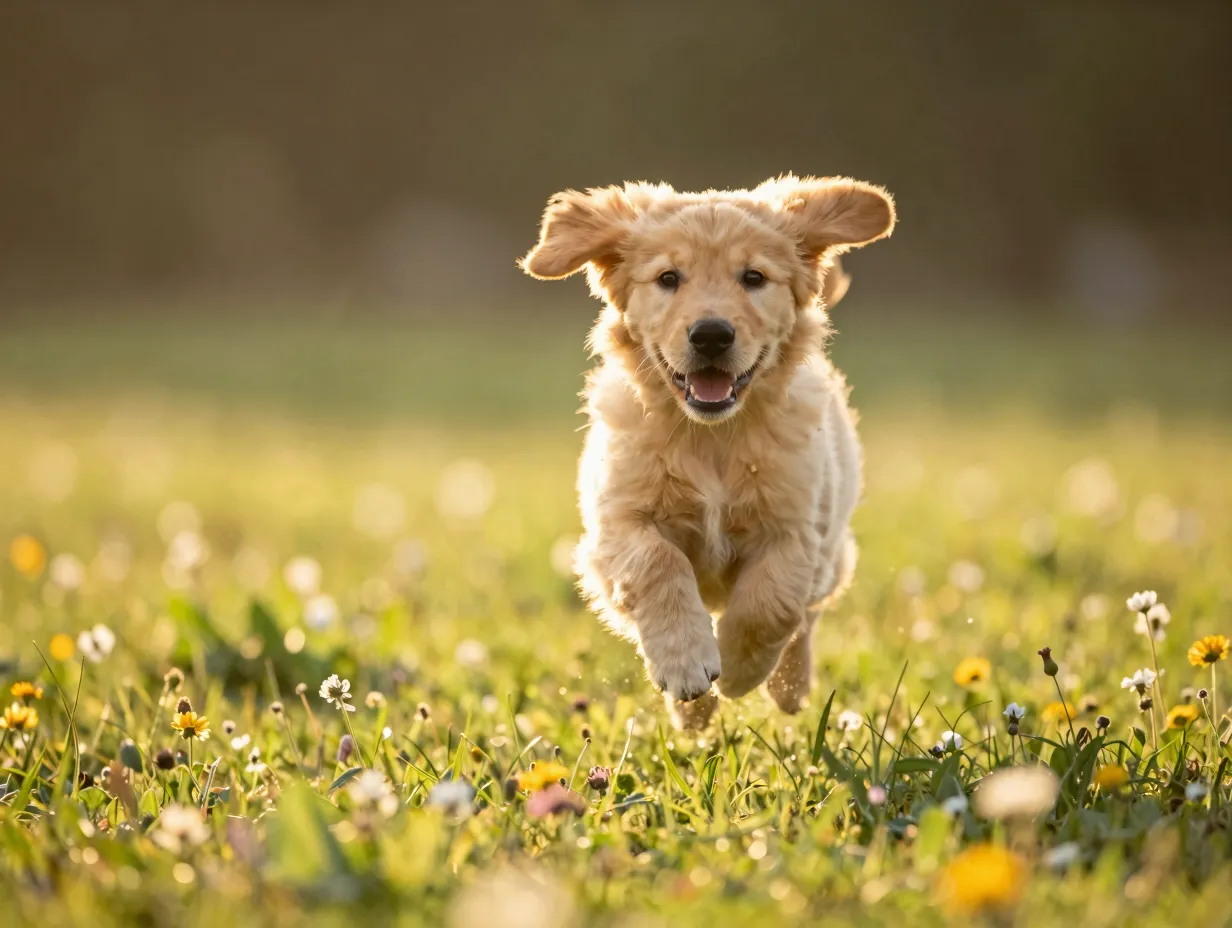 Golden retriever puppy leaping through sunlit meadow wildflowers bokeh