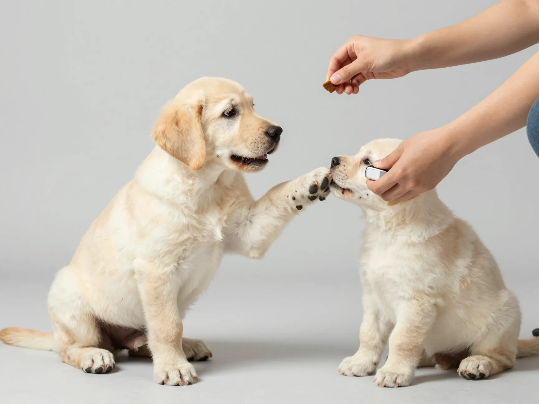 Smart yellow lab puppy learning new command with trainer