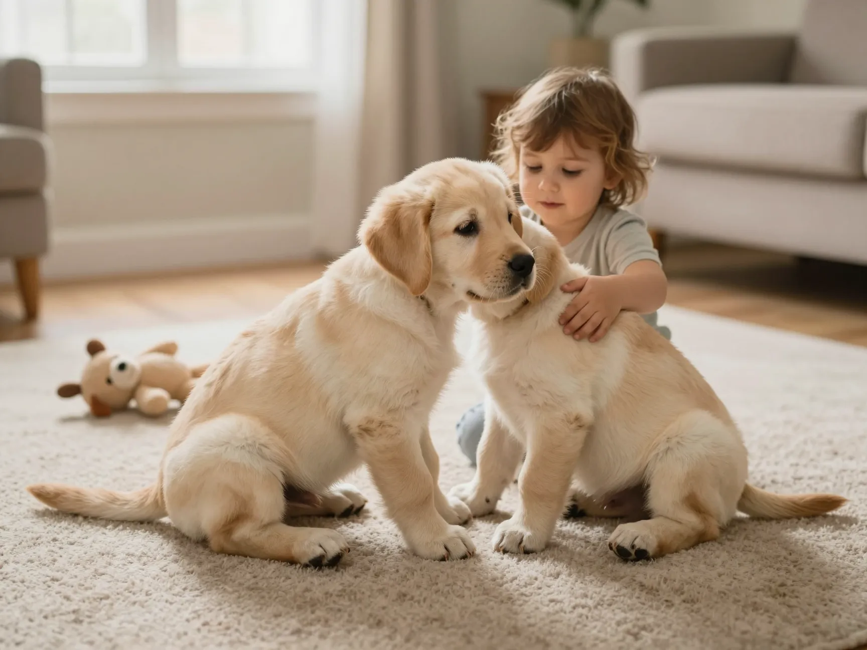 Gentle yellow lab puppy playing patiently with small child
