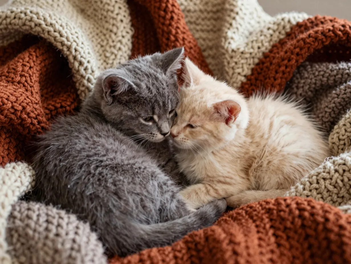 Two kittens grey tabby cream nuzzling on chunky knit autumn blanket