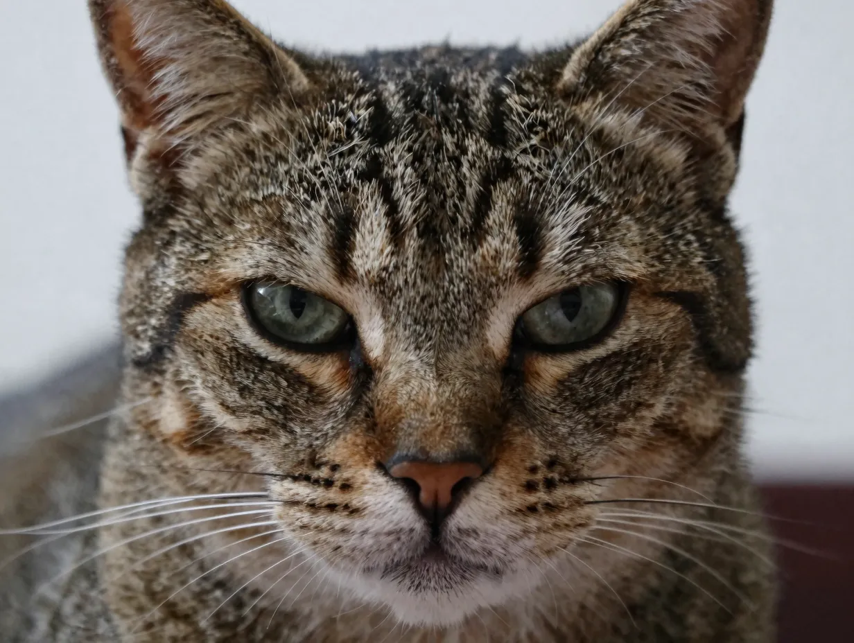 Cat judging squint stare with lowered chin at camera