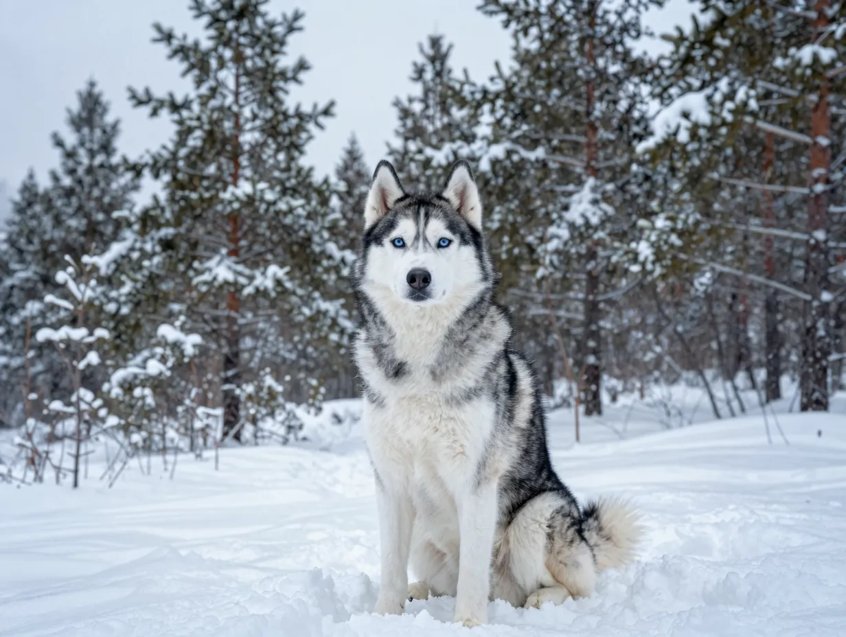 Siberian husky with blue eyes sitting in snowy pine forest winter