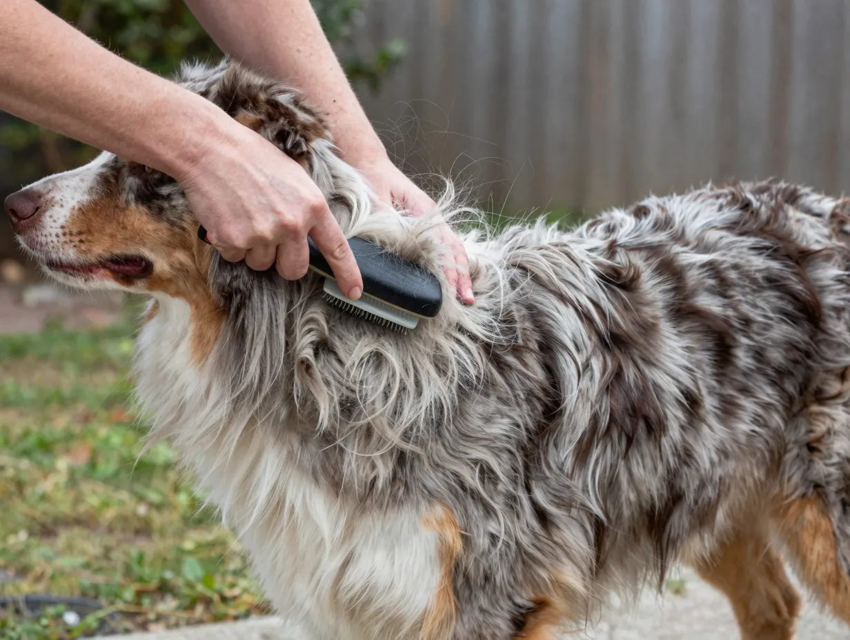 Standard aussie long double coat being brushed heavily