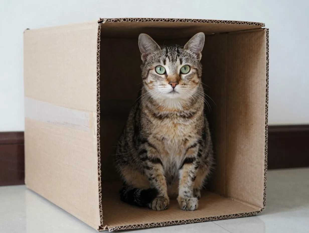 Cat sitting confidently in too small cardboard box