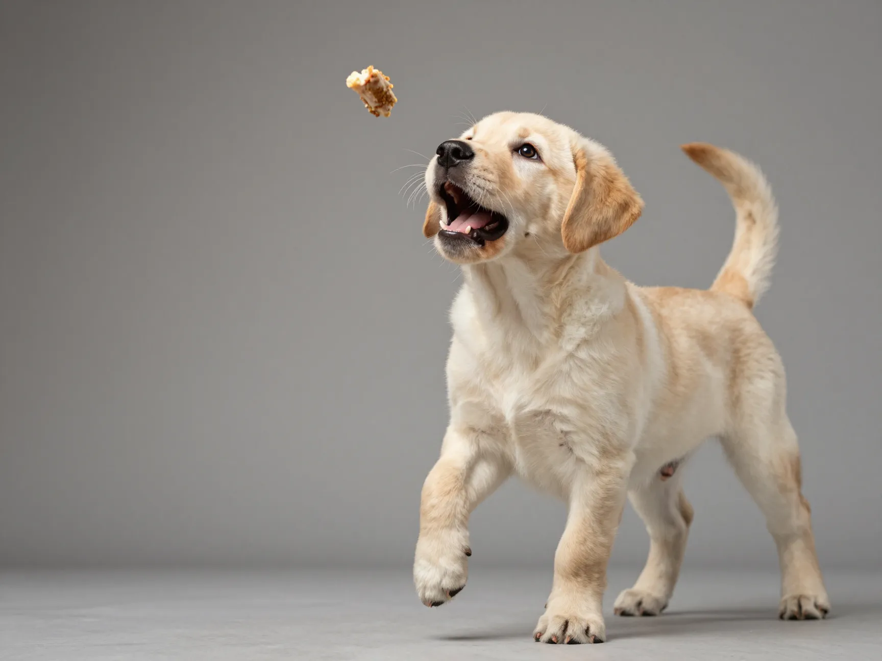 Food motivated yellow lab puppy during positive reinforcement training