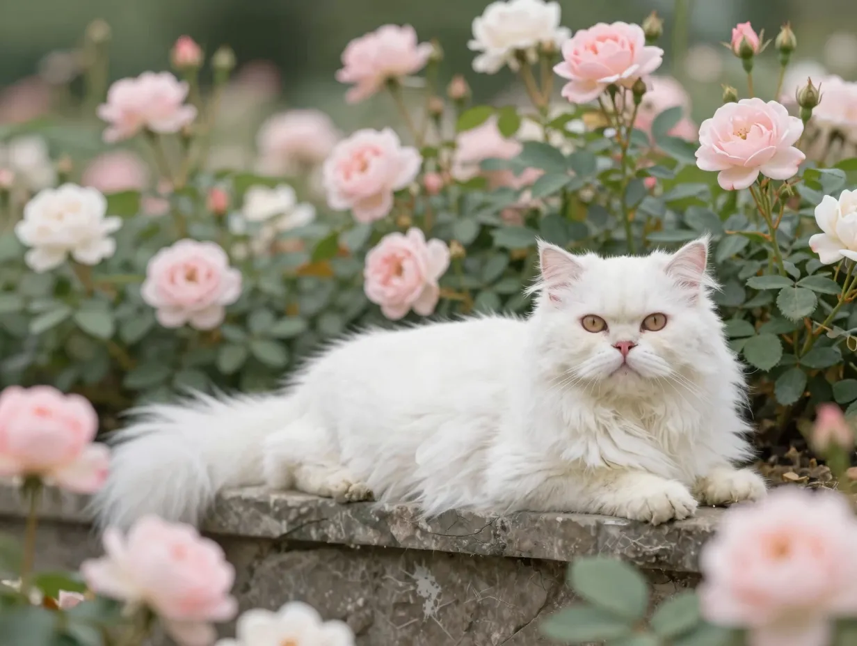 White persian cat lounging in blooming rose garden shallow depth