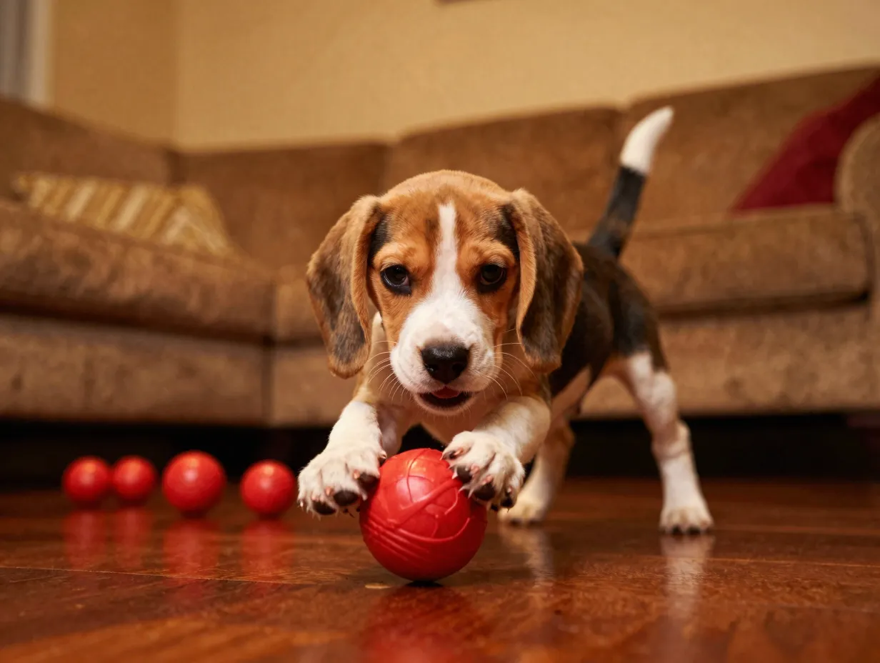 Beagle puppy playing with red toy low angle amber living room