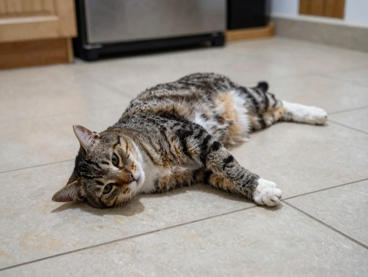 Cat collapsed dramatically on tile floor legs extended