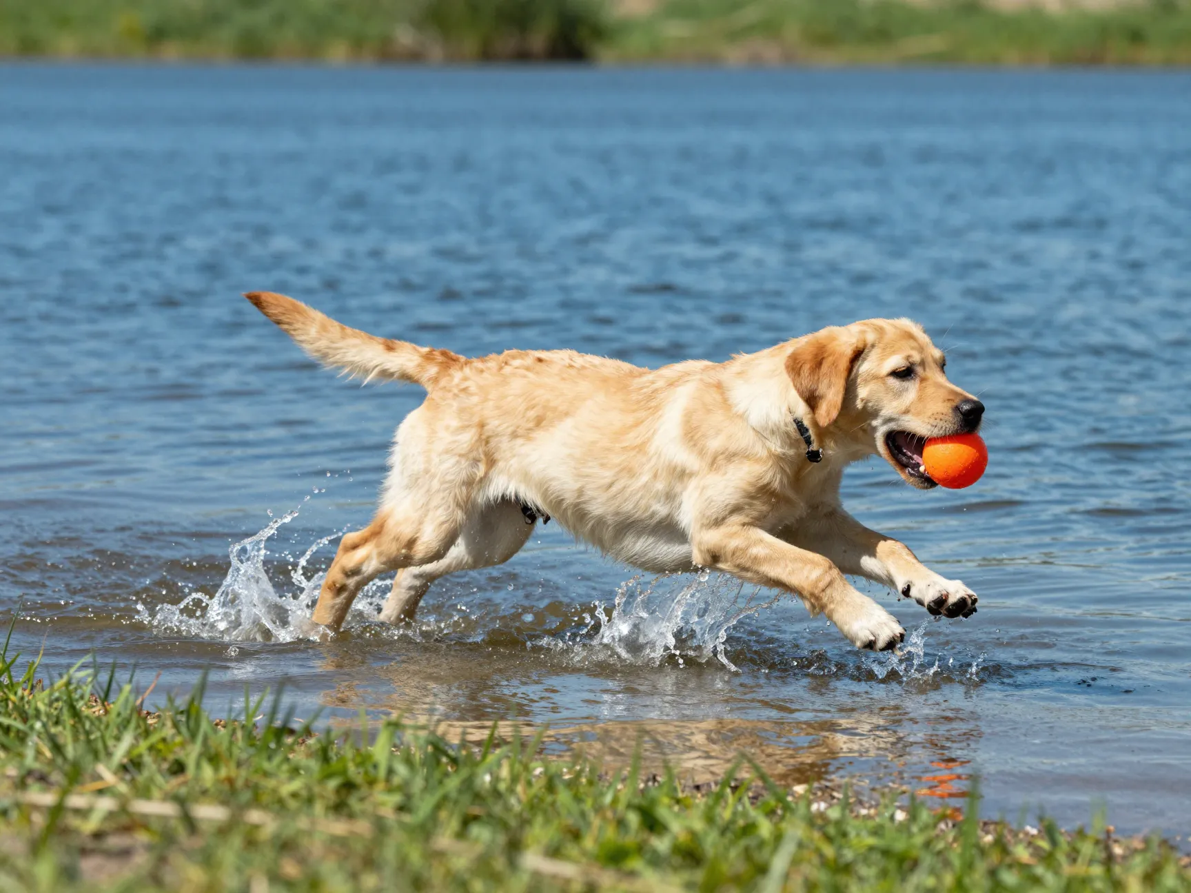 Energetic yellow lab puppy retrieving ball from lake