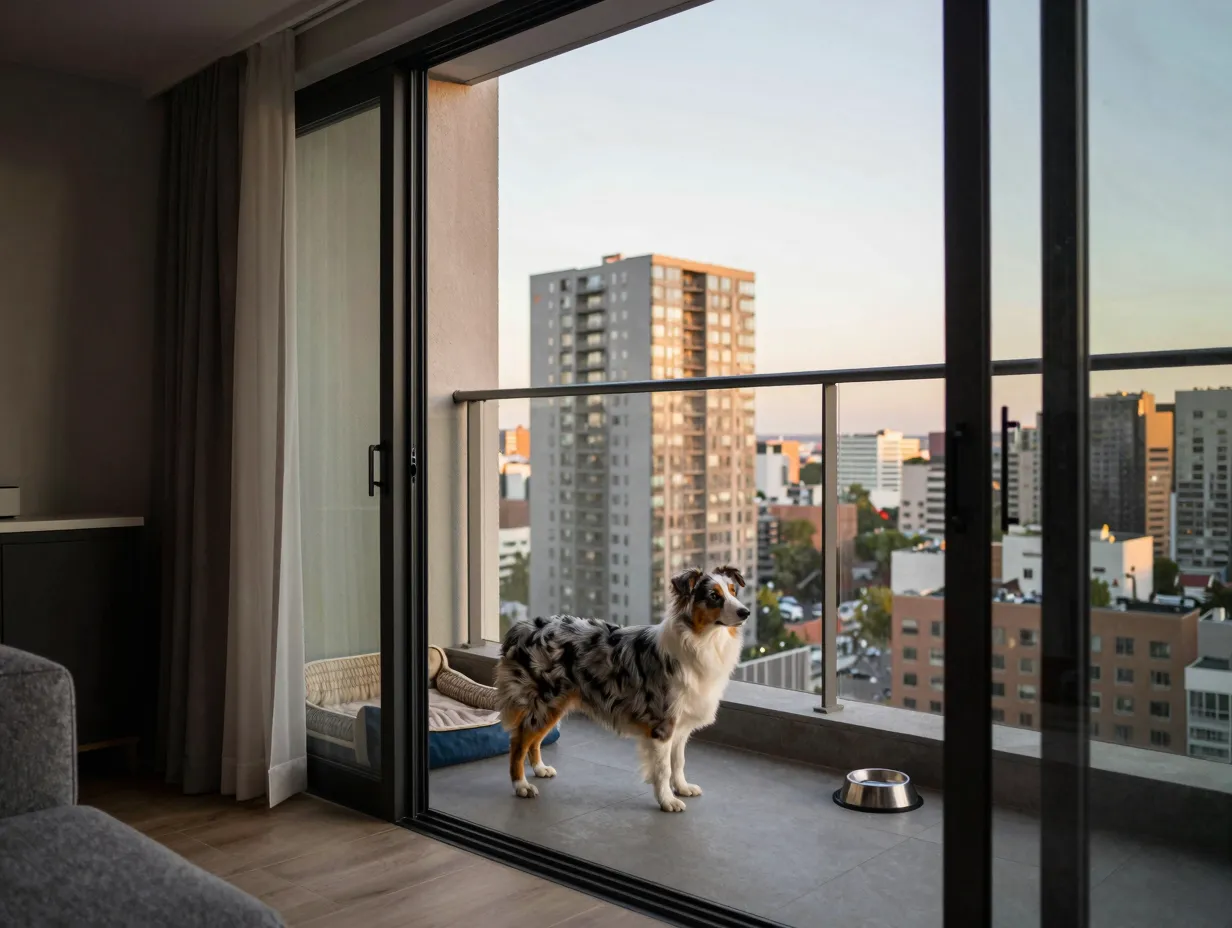 Miniature aussie on apartment balcony with city view