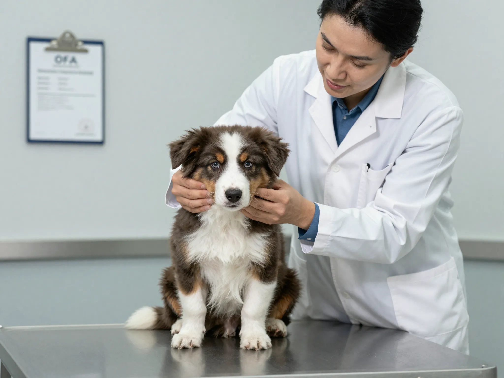 Veterinary health check for australian shepherd puppy