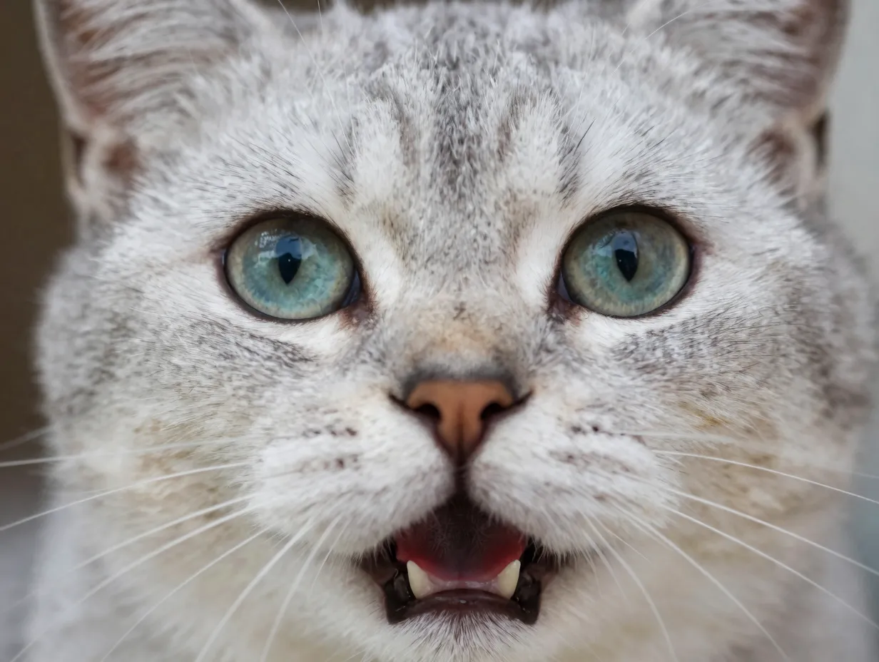 Extreme close up zoom on cats specific reaction face