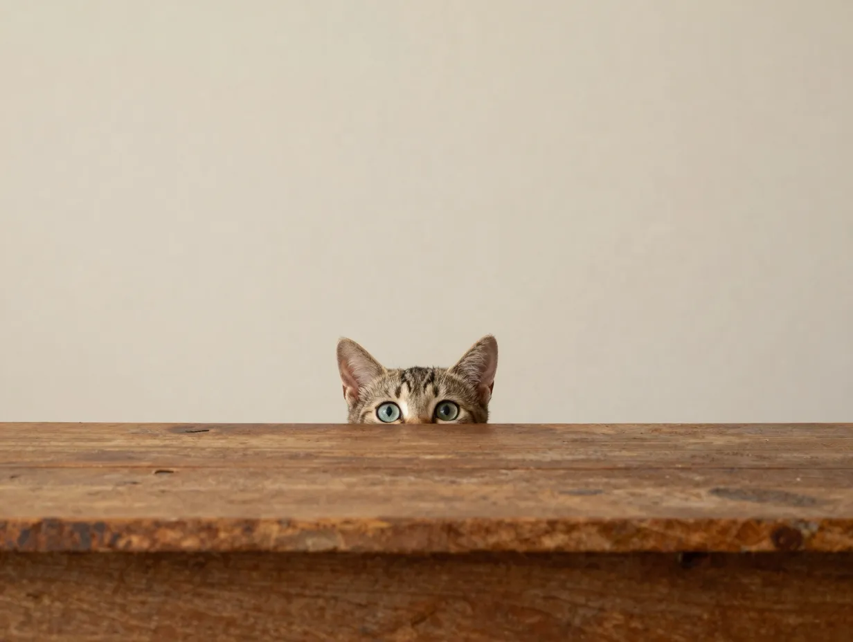 Kitten peeking over rustic wooden table wide eyes minimalist composition