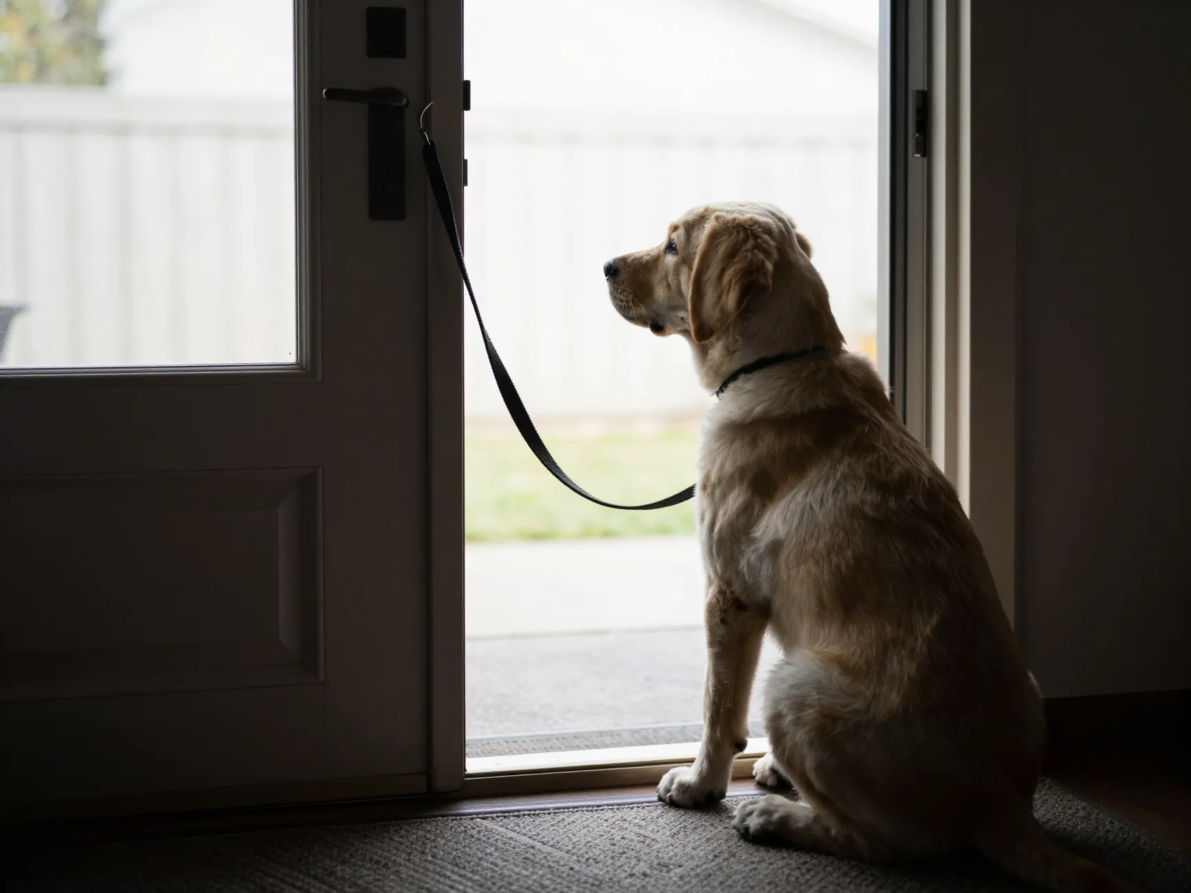 Loyal yellow lab puppy waiting by front door for owner