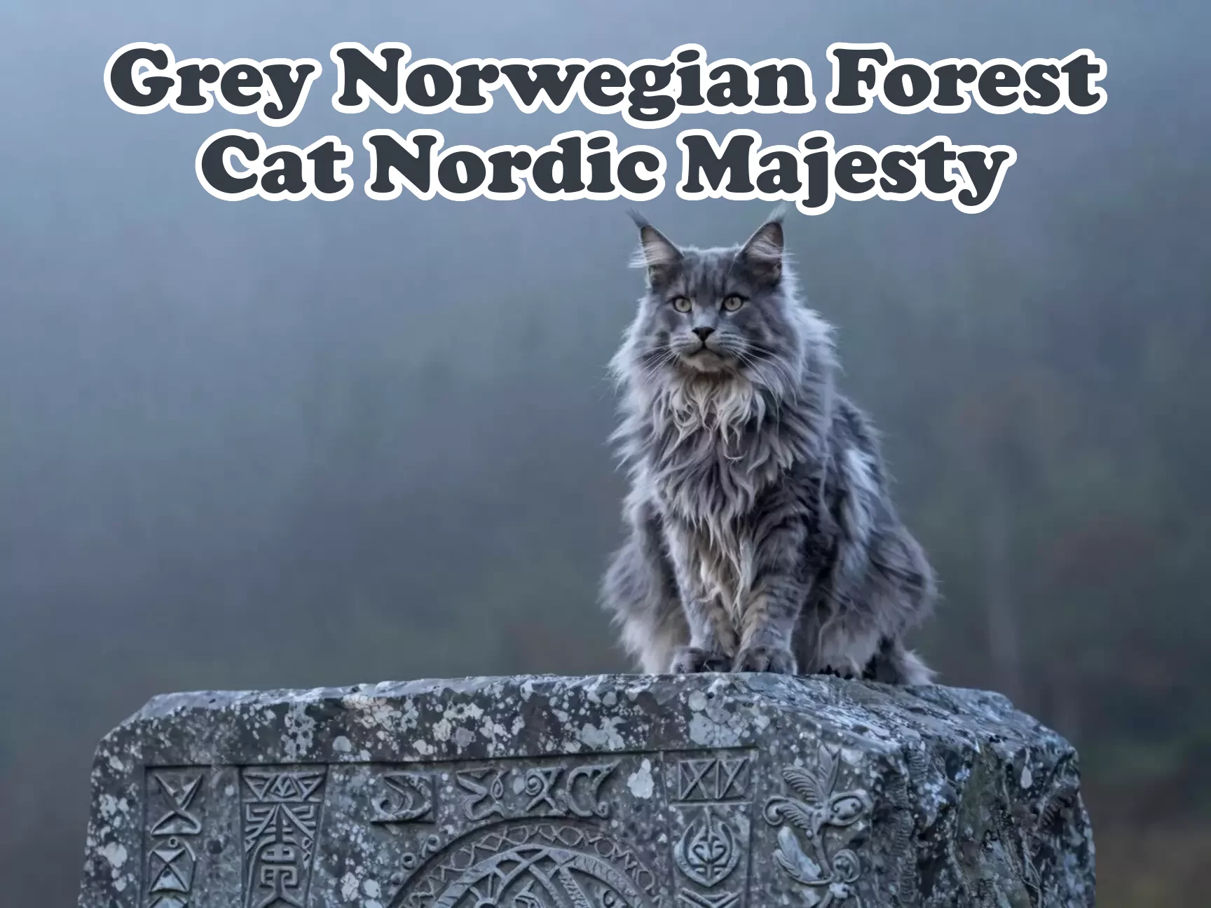 Grey norse cat on ancient stone misty forest morning main