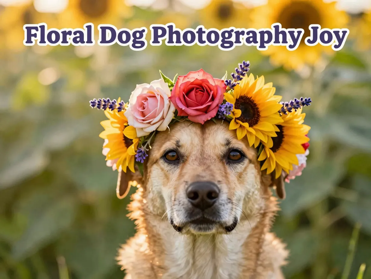 Mixed breed dog colorful floral crown garden portrait joyful