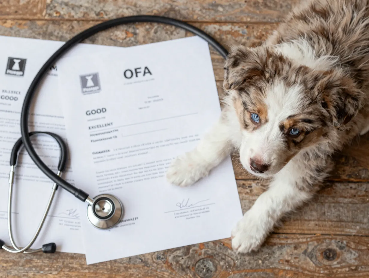 A close up of a mini aussie lying on an ofa certificate with a stethoscope nearby