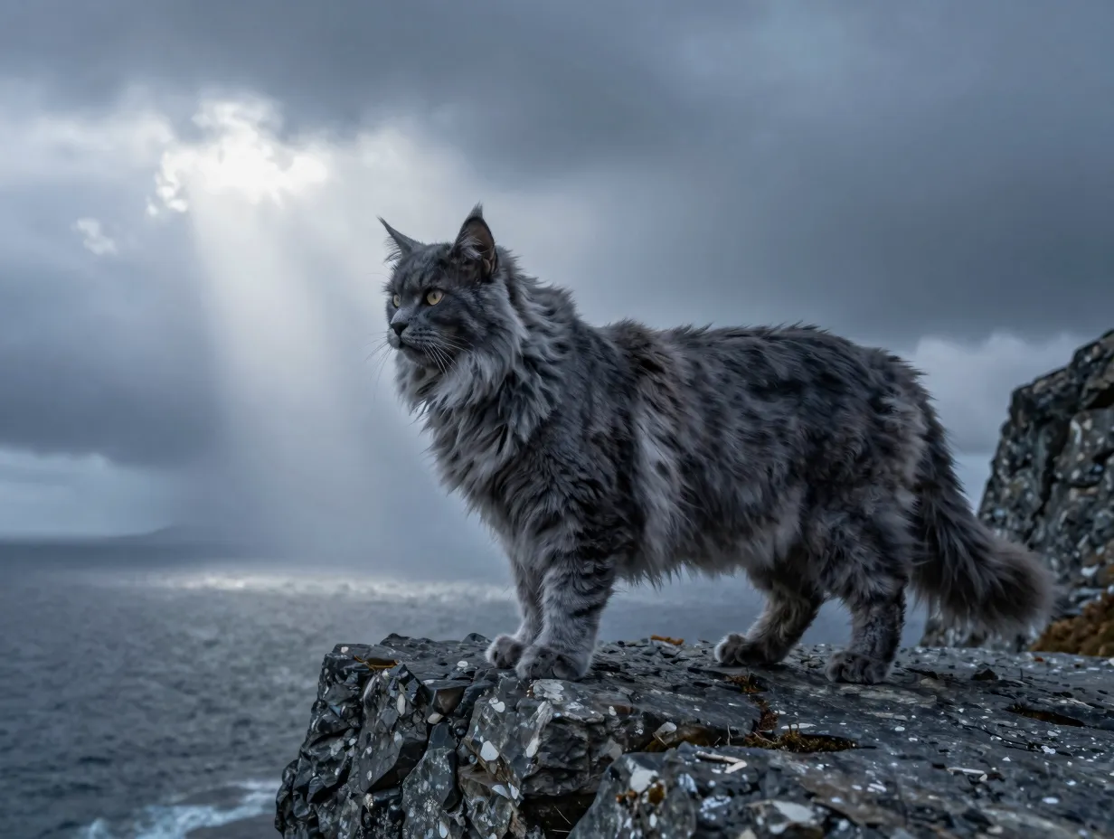 Ancient grey forest cat amidst norse rock cliff overlooking stormy sea