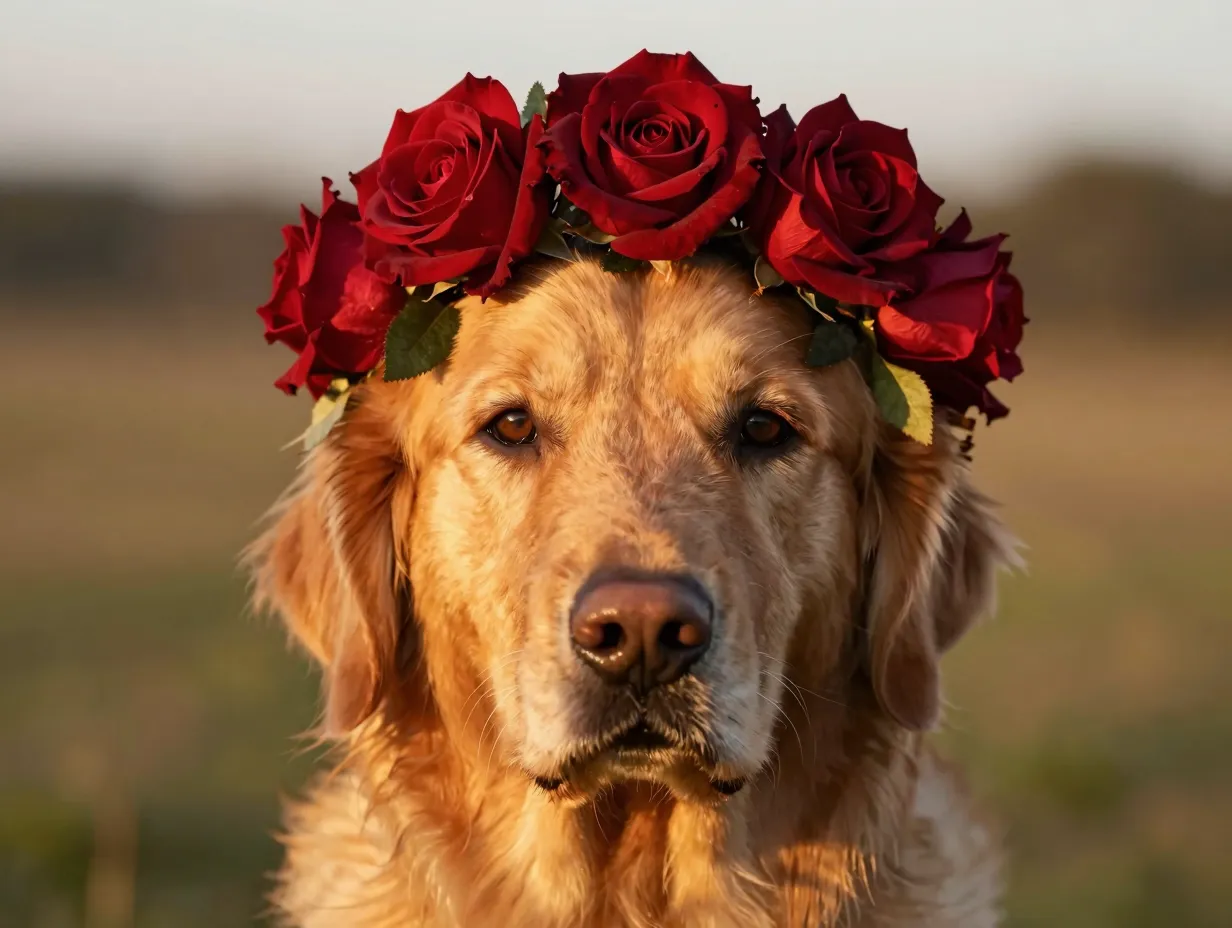 Golden retriever wearing deep red rose crown golden hour portrait