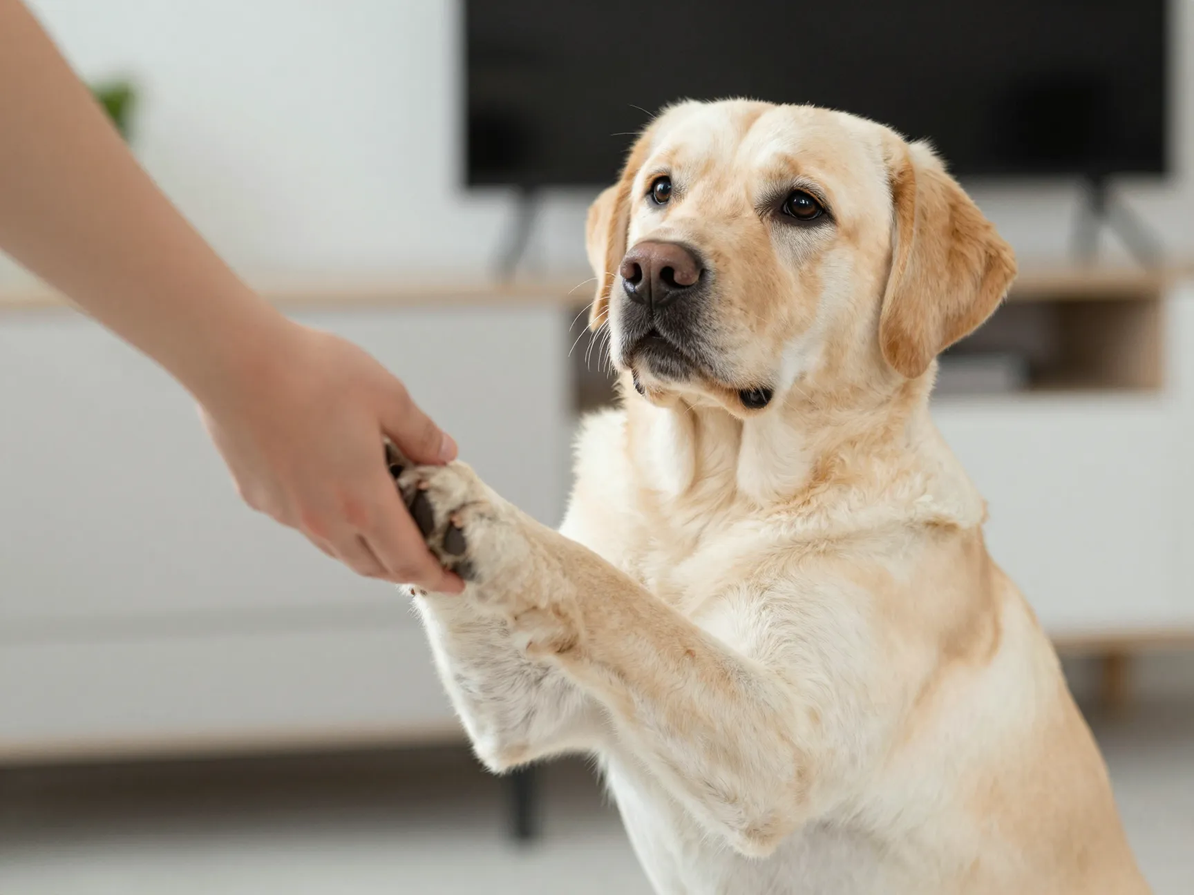 Intelligent labrador performing obedience commands indoors