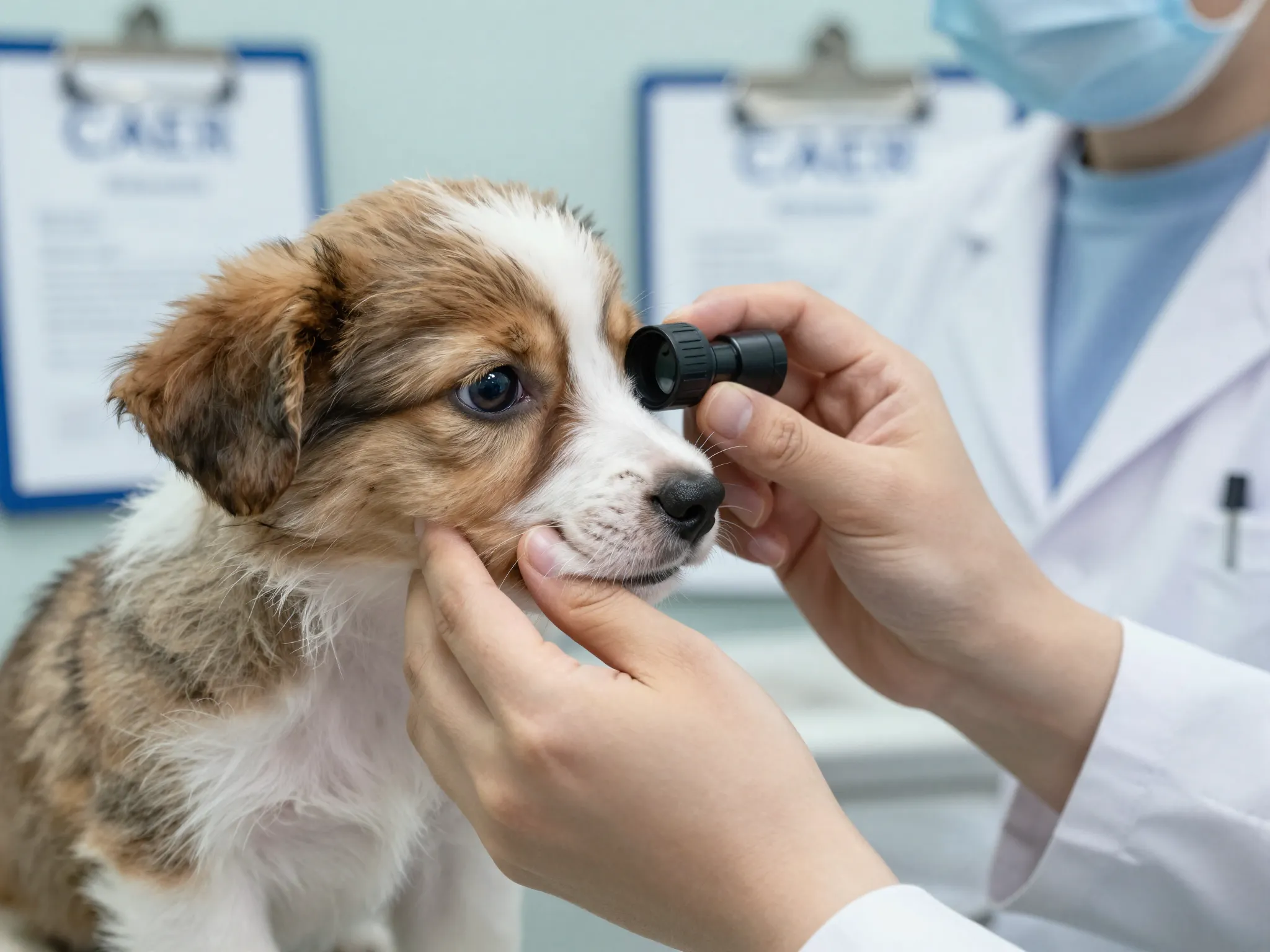 A veterinary ophthalmologist examining the eye of a mini aussie puppy