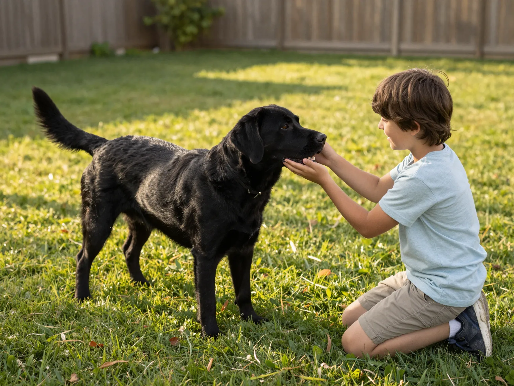 Placid labrador greeting a child in a sunny backyard