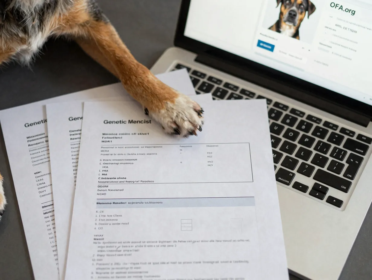 A stack of genetic test result documents with a mini aussie paw resting on top