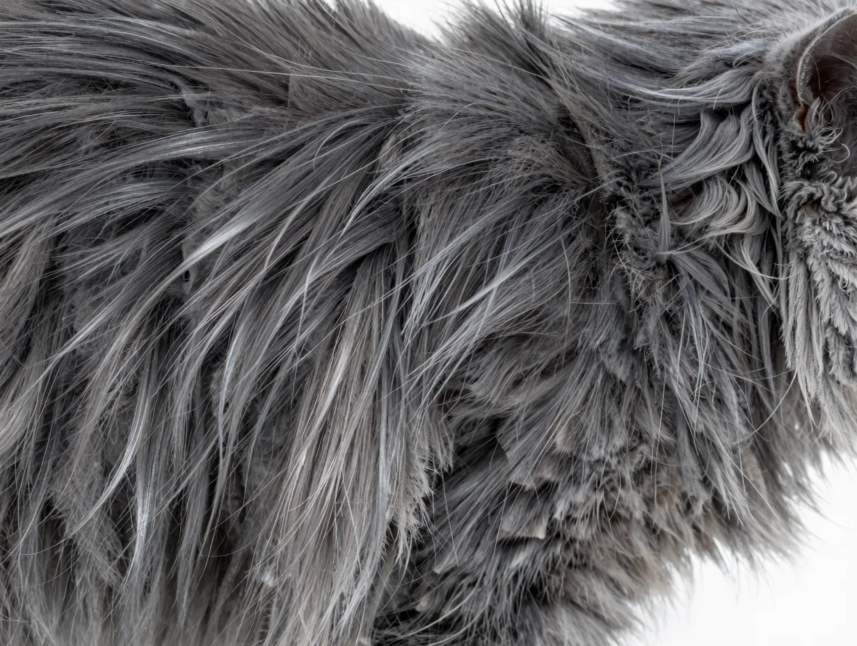 Close up of grey norwegian forest cat double layered winter coat texture