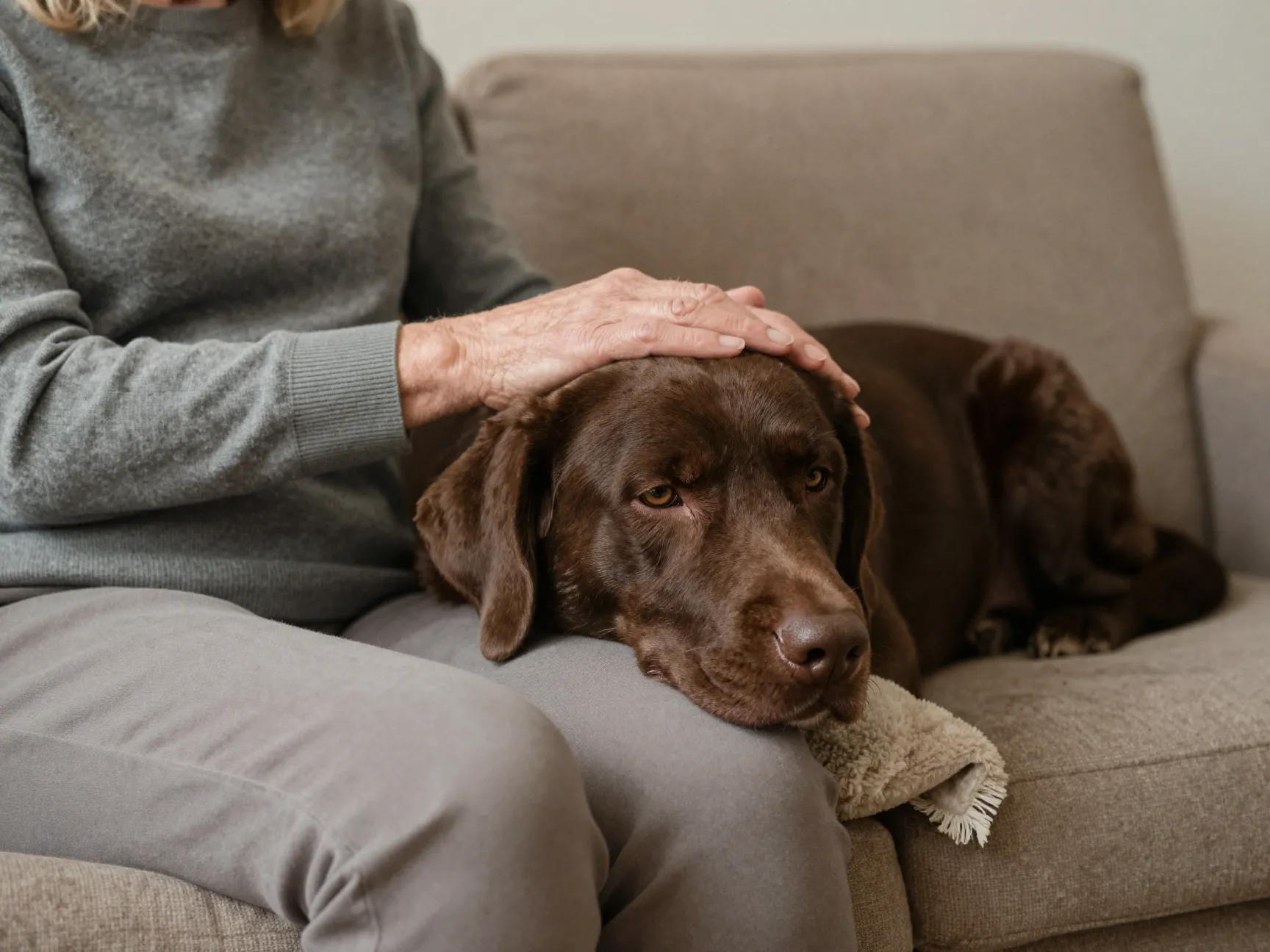 Gentle labrador comforting an elderly person on a sofa