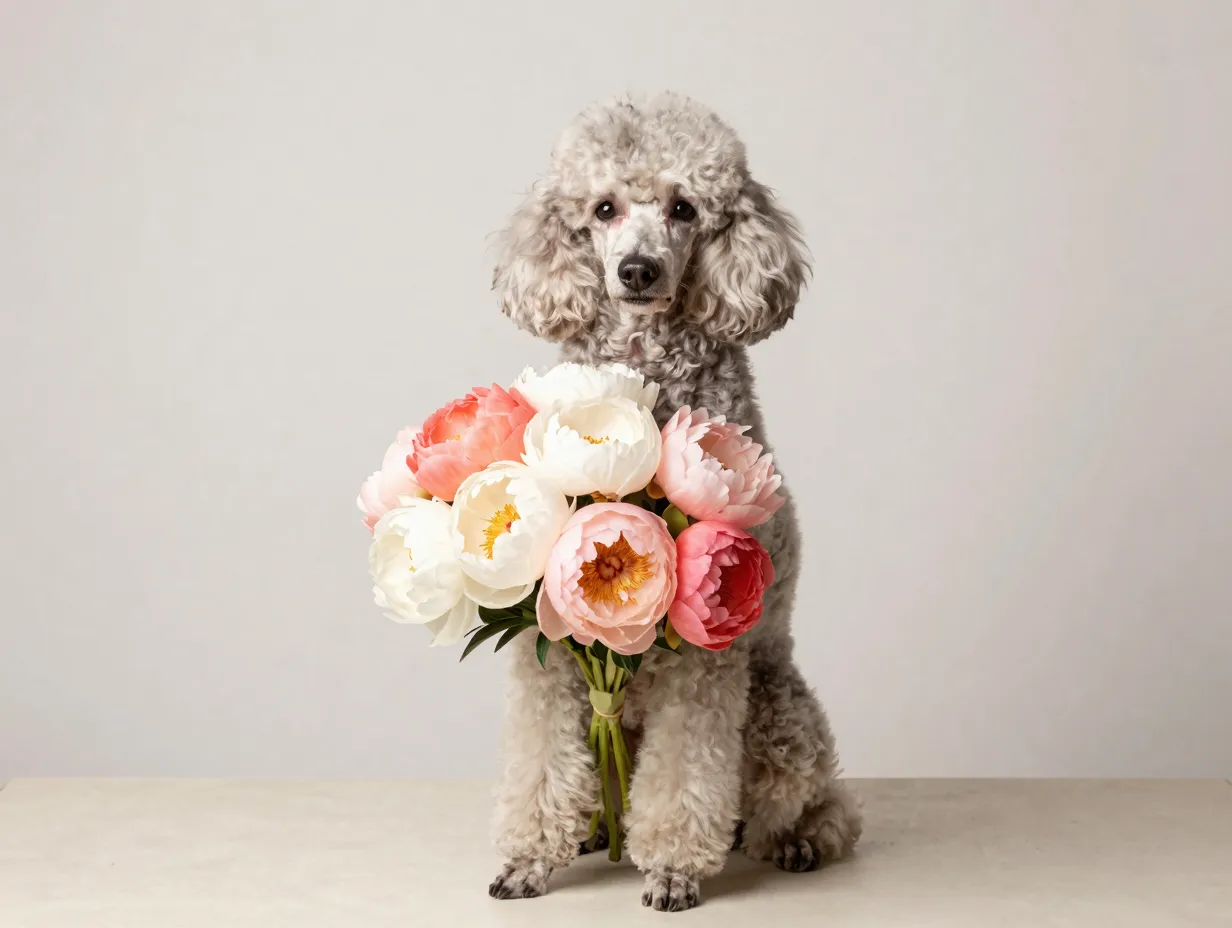 Standard poodle holding lush peony bouquet elegant portrait