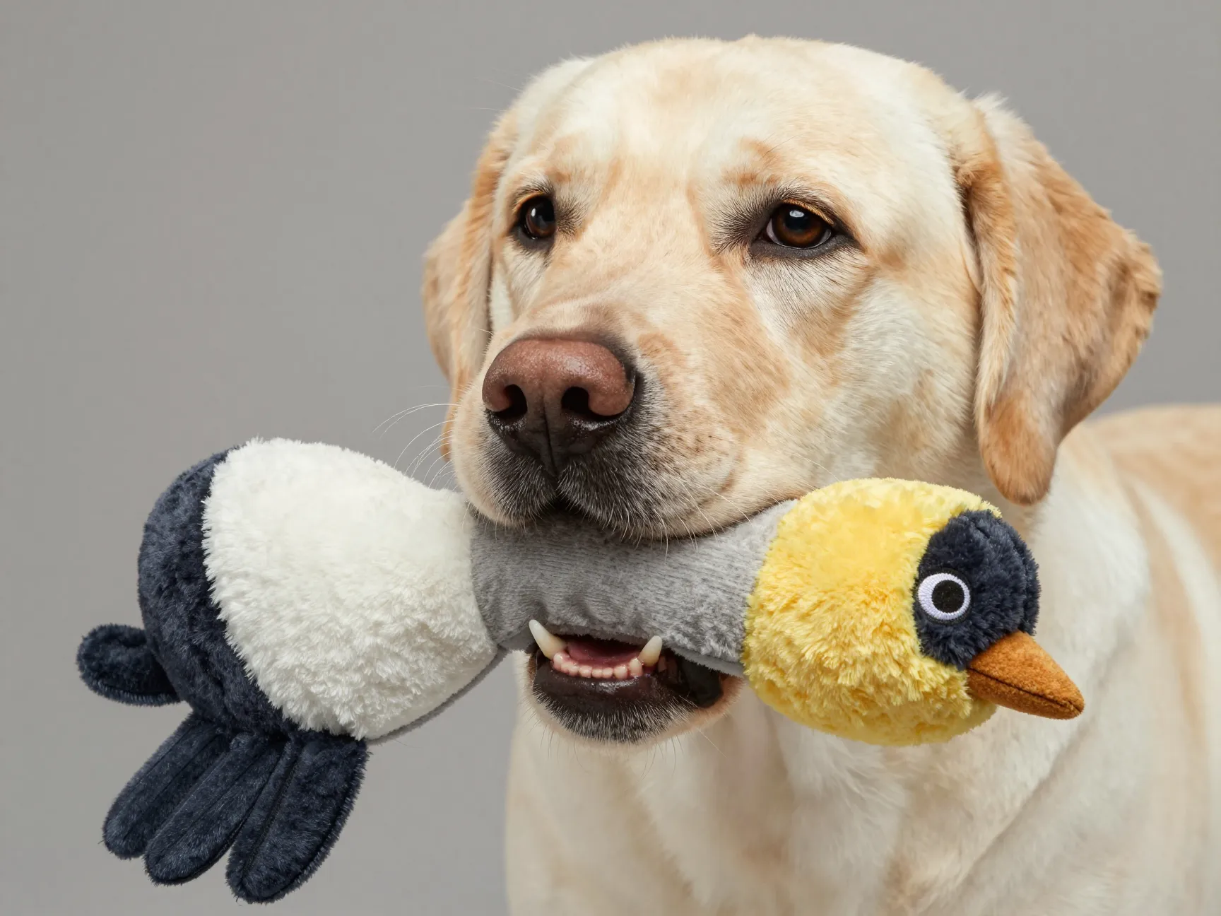 Labrador carrying a stuffed bird toy with soft mouth