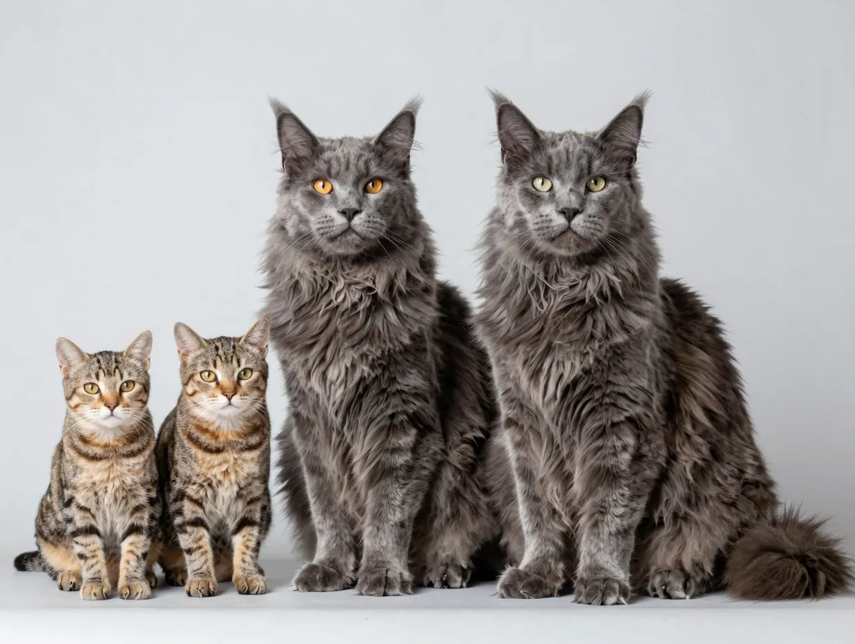 Large grey norwegian forest cat standing next to average sized domestic cat