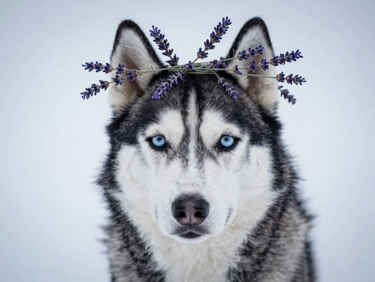 Siberian husky with purple lavender crown cool toned portrait