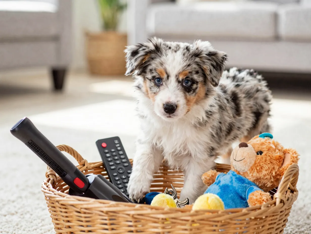 A mini aussie puppy confidently exploring a basket of novel household items