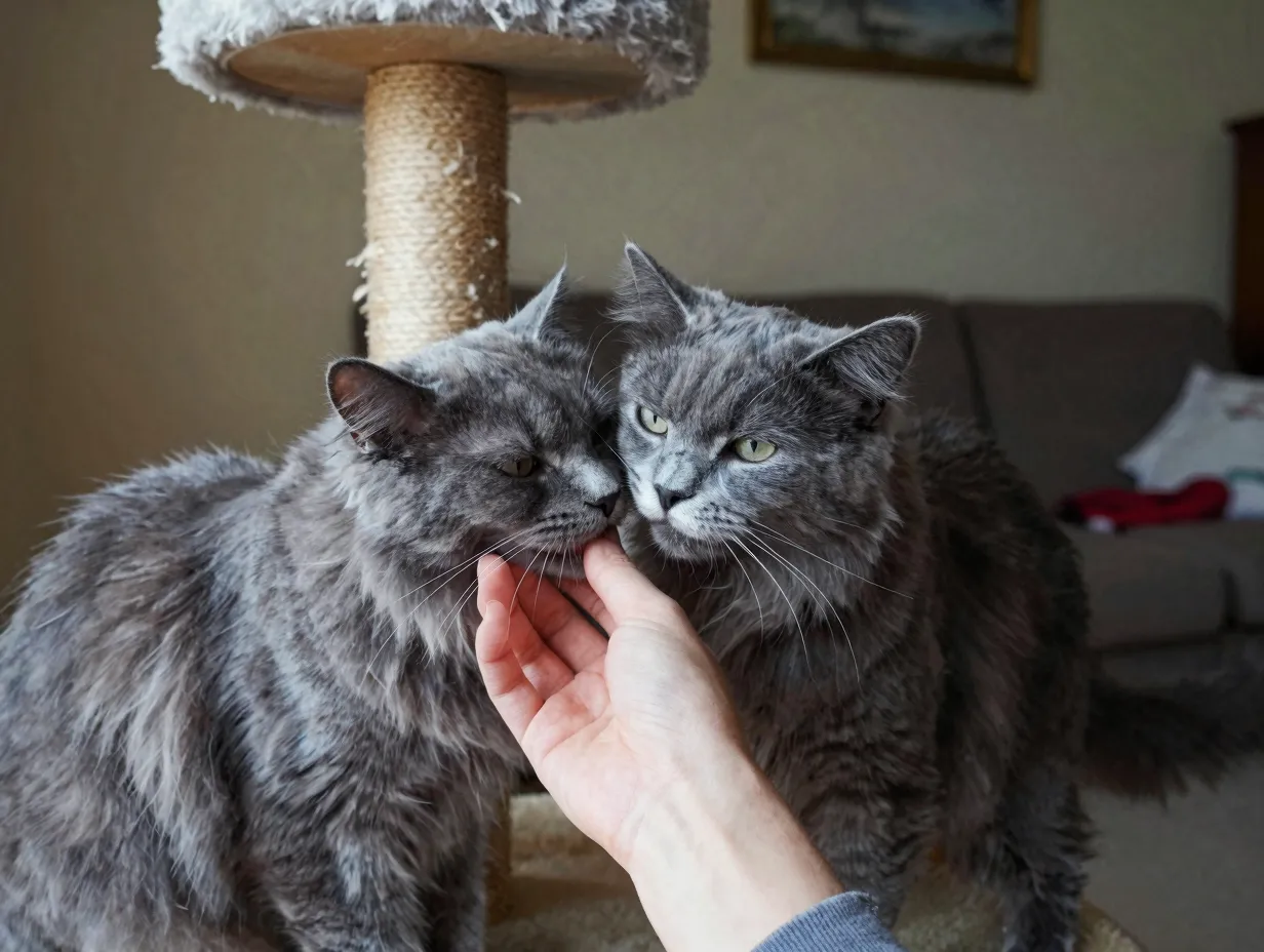 Affectionate grey norwegian forest cat interacting with family member at home