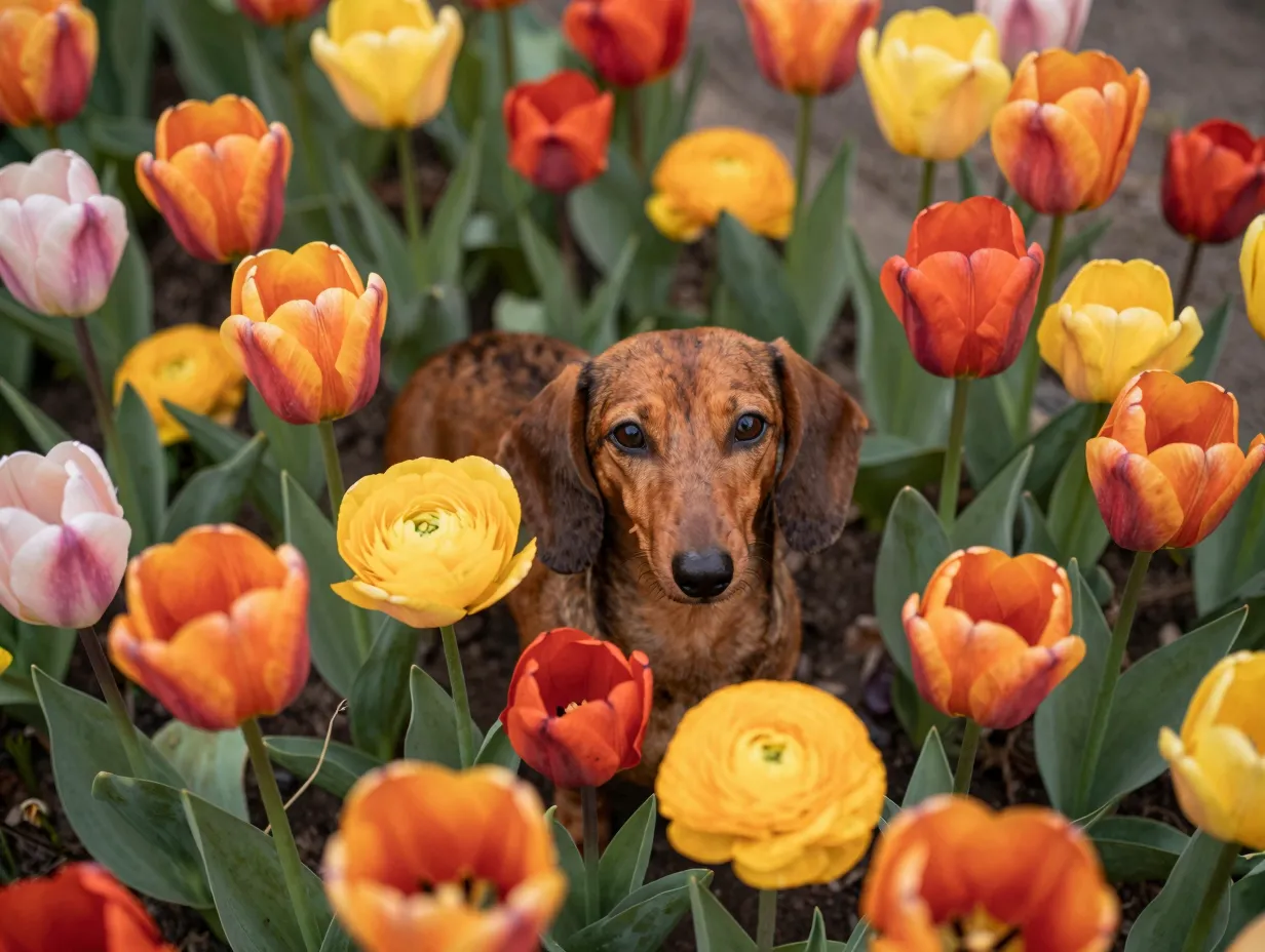 Dachshund nestled among colorful tulip flower bed