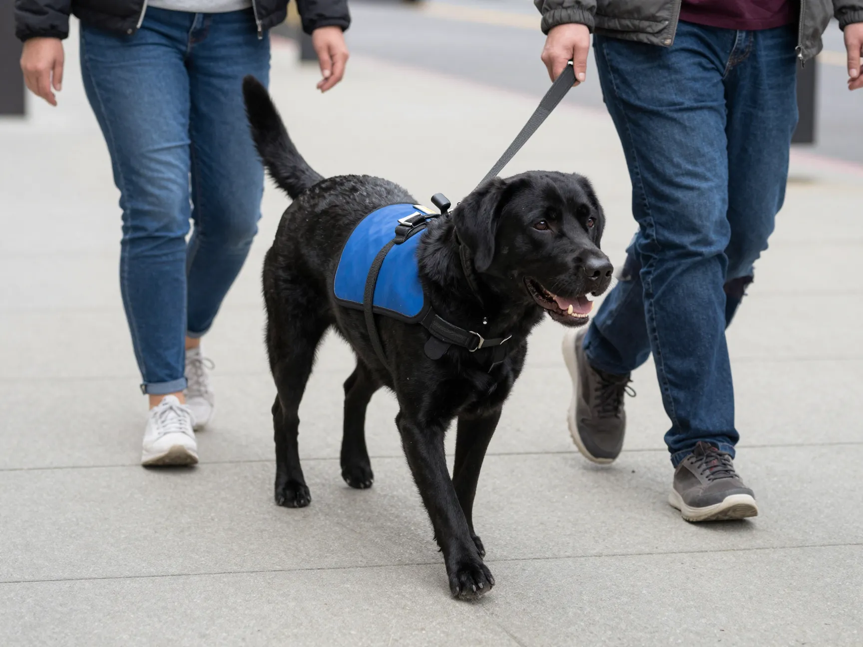 Versatile labrador wearing a service vest guiding a person