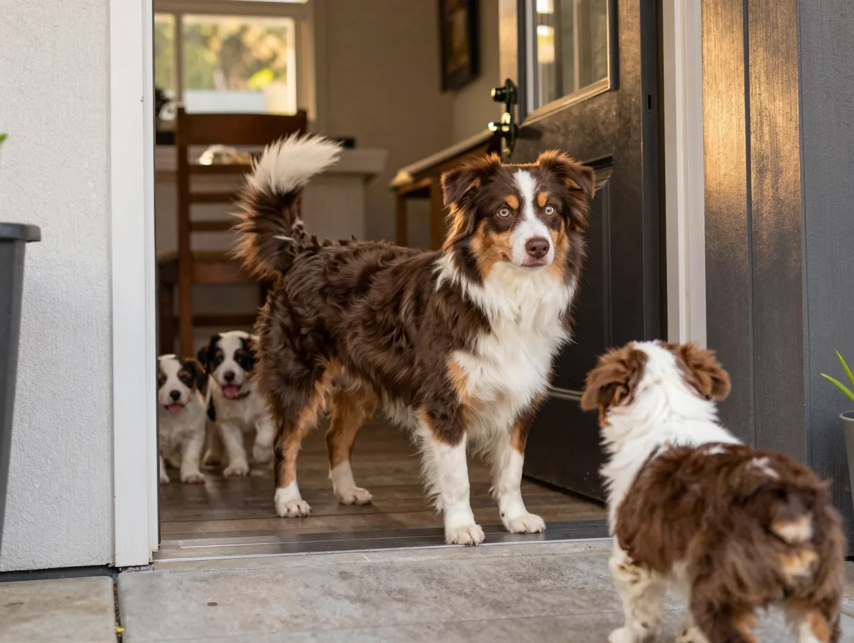 A confident mini aussie mother dog greeting a visitor at the front door
