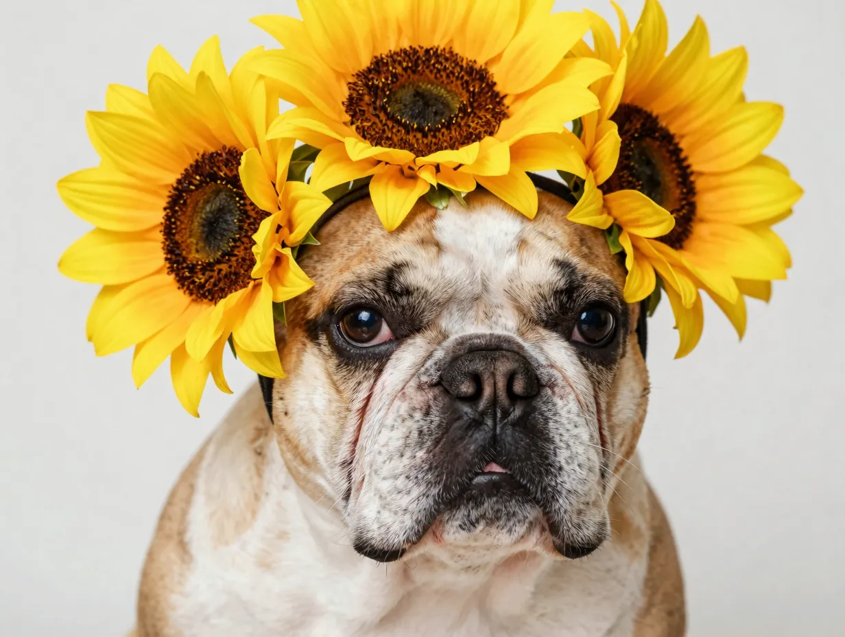 French bulldog wearing bold sunflower crown close up